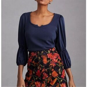 Maeve by Anthropologie navy satin sleeved ribbed top L